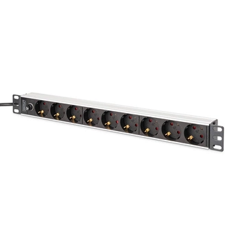 Listwa zasilająca DIGITUS PDU Rack 19" z bezpiecznikiem przeciążeniowym, 9 gniazd Schuko CEE 7/3 (45°), kabel 2m wtyk IEC C14, 10A, aluminiowa