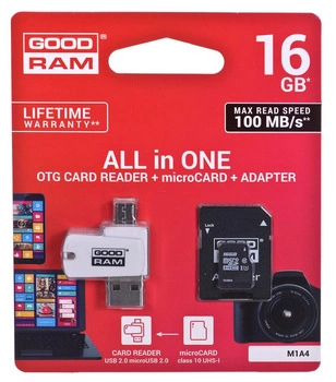 Karta pamięci z adapterem i czytnikiem kart GoodRam All in one M1A4-0160R12 (16GB; Class 10; Adapter, Czytnik kart MicroSDHC, Karta pamięci)