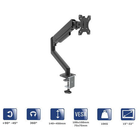 Uchwyt biurkowy do monitora Akyga AK-MB-05 regulowane ramię gazowe 10kg VESA 75x75mm / 100x100mm 15-32"