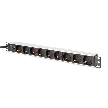 Listwa zasilająca DIGITUS PDU Rack 19" z bezpiecznikiem przeciążeniowym, 9 gniazd Schuko CEE 7/3 (45°), kabel 2m wtyk IEC C14, 10A, aluminiowa