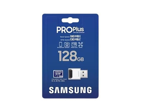 SAMSUNG PRO Plus microSD 128GB Up to 180MB/s Read and 130MB/s Write speed with Class 10 4K UHD incl. Card reader 2023 (P)