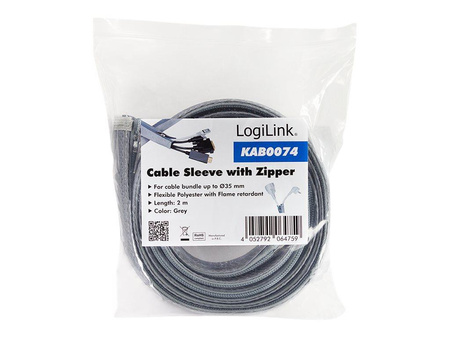 LOGILINK KAB0074 Cable sleeve with zipper Polyester Ø 50 mm grey 2m