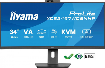 Monitor 34 cale XCB3497WQSNPH-B1,VA,UWQHD,1500R,USB-C Dock 95W, RJ45, KVM,2x5W, kamera 5MP, /5y/