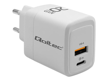 QOLTEC 51823 Ładowarka sieciowa 20W GaN 5/20V 1.5/3A 1 x USB C PD 1 x USB QC 3.0 Biała