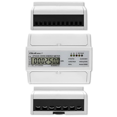 QOLTEC 50989 Trójfazowy dwukierunkowy elektroniczny licznik miernik zużycia energii na szynę DIN 400V 100A LCD 4P