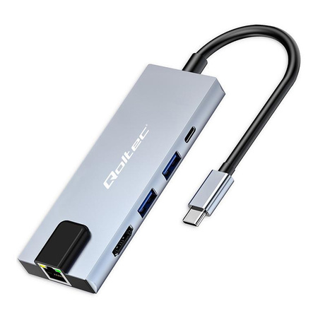 Hub Qoltec USB-C 5w1 | USB-C PD 100W | 2xUSB | HDMI 4K | RJ45
