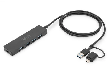 Hub USB 3.0/Koncentrator 4-portowy SlimLine USB A + adapter USB-C 1,2m 5Gbps, złącze zasilania USB-C