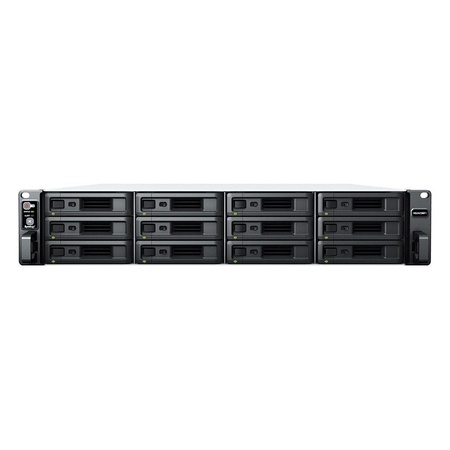 NAS Synology RS2423+; 2U RACK; 12x (3.5" SATA HDD/2.5" SATA SSD); AMD Ryzen V1780B, 8 GB DDR4 ECC UDIMM (max. 32GB), 2x 1GbE RJ-45, 1x 10GbE RJ-45