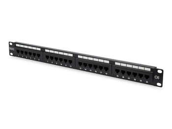 Patch panel 19" 24 porty, kat.6, U/UTP, 1U, wspornik kablowy, czarny (kompletny)