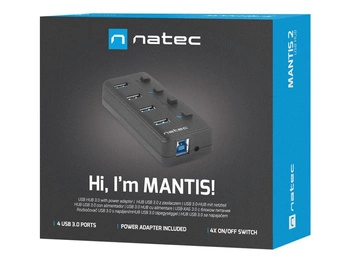 NATEC NHU-1557 Natec Hub USB 3.0 Mantis2, 4-porty z włącznikiem + zasilacz, czarny
