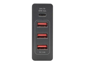 DIGITUS DA-10195 Uniwersalna 4-portowa 240V USB Typ C (5-20 V/3 A/60W) 3xUSB A (5V/2.4A) PDczarna