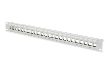 Panel krosowy (patch panel) modularny 19" 24 porty pod moduły keystone, 1U, ekranowany, prowadnica kabli, pola opisowe, szary