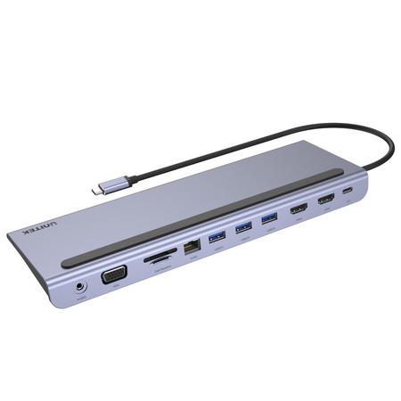 HUB USB-C 11w1 USB-C, RJ45, PD 100W, 2x HDMI, VGA, SD; D1022B 