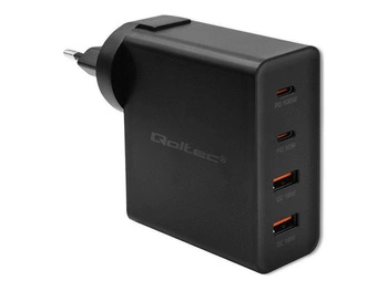 QOLTEC 52383 Ładowarka GaN POWER PRO 2xUSB-C 2xUSB 130W 5-20V 1.5-5A PD Czarna