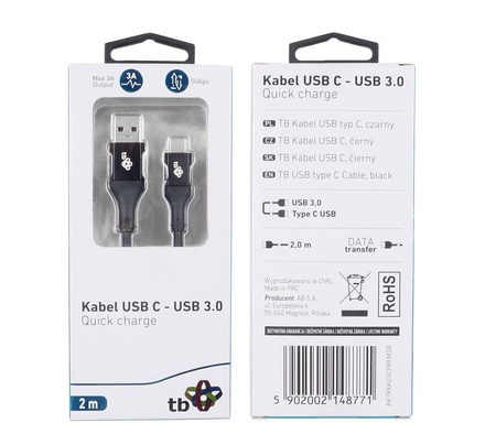 Kabel USB 3.0 - USB C 2m PREMIUM 3A czarny TPE