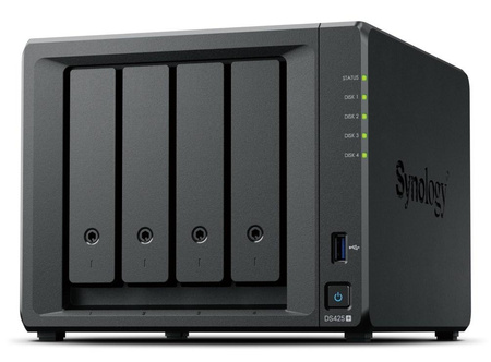 NAS Synology DS425+, Tower, 4x (3.5" SATA HDD/ 2.5" SATA SSD), 2 x M.2, Intel Celeron J4125, 2 GB DDR4 non-ECC (max.6GB), 1x 1GbE RJ-45; 1x 2.5GbE RJ-45, 2x USB 3.2.1