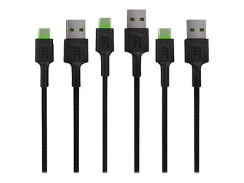 GREEN CELL Zestaw 3x Kabel GC Ray USB - USB-C 200cm, zielony LED, szybkie ładowanie Ultra Charge, QC 3.0