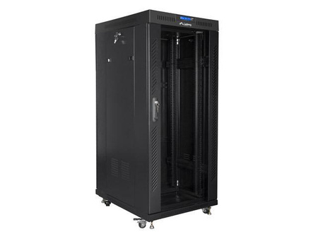 Szafa instalacyjna Rack stojąca 19" 27U 600x800 czarna drzwi szklane LCD Lanberg (flat pack)