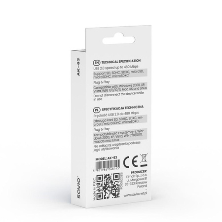 Czytnik kart SD, USB 2.0, 480 Mbps, AK-63