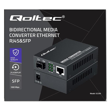 QOLTEC 52295 Dwukierunkowy Media Konwerter SWITCH Ethernet 1x RJ45 1x SFP 1000Mb/s 5V