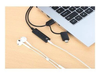MANHATTAN 2-in-1 USB-C and USB-A to 3.5mm Stereo Audio Aux Adapter Cable Volume and Mute Control 1m 3ft. Black