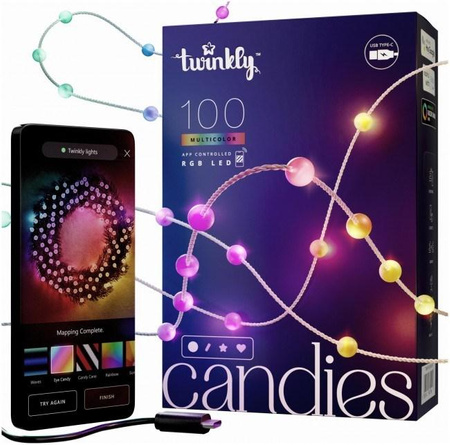 Twinkly Candies – 100 Lampki w kształcie pereł RGB LEDs, zielony przewód, USB-C