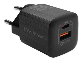 QOLTEC 50764 Ładowarka sieciowa 35W GaN ULTRA / 5-20V / 2.25 3A / 1 x USB typ C PD / 1 x USB QC 3.0 / Czarna