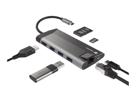 NATEC multiport Fowler Plus USB-C->HUB USB 3.0 3x HDMI 4K USB-C PD RJ45 SD Micro SD
