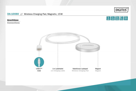 Ładowarka bezprzewodowa DIGITUS indukcyjna 15W MagSafe 1m USB-C biała