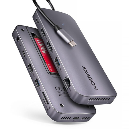 HMC-12GM2 Wieloportowy hub USB 12in1 + M.2 NVMe/SATA pozycja, 10Gbps, 3x USB-A, USB-C, HDMI 4K/60Hz, DP 4K/60Hz, GLAN, SD/microSD, audio, PD 100W, 50c