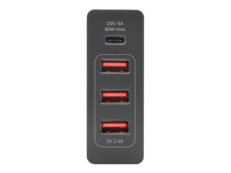 DIGITUS DA-10195 Uniwersalna 4-portowa 240V USB Typ C (5-20 V/3 A/60W) 3xUSB A (5V/2.4A) PDczarna