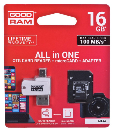 Karta pamięci z adapterem i czytnikiem kart GoodRam All in one M1A4-0160R12 (16GB; Class 10; Adapter, Czytnik kart MicroSDHC, Karta pamięci)