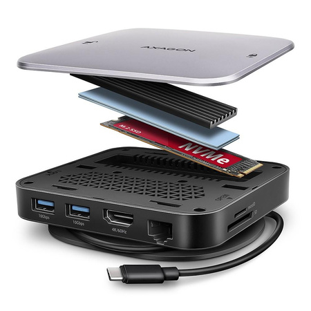 HMC-UFO Wieloportowy hub USB 9in1, 10Gbps, 2x USB-A, HDMI 4K/60Hz, M.2 NVMe/SATA, audio, PD 100W, SD/microSD, GLAN, 65cm USB-C kabel