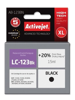 Activejet AB-123BN Tusz  (zamiennik Brother LC123BK/121BK; Supreme; 15 ml; czarny)
