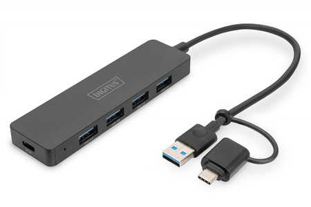 Hub USB 3.0/Koncentrator 4-portowy SlimLine USB A + adapter USB-C 5Gbps, złącze zasilania USB-C 