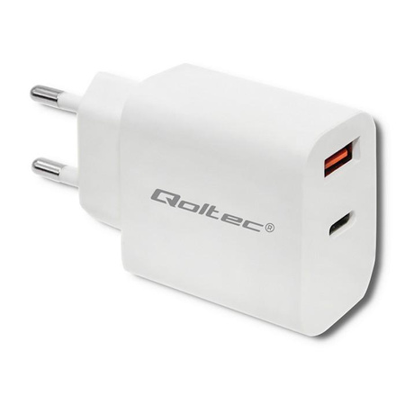 Ładowarka sieciowa | 18W | 5-12V | 1.5-3A | USB typ C PD |  USB QC 3.0 | Biała 