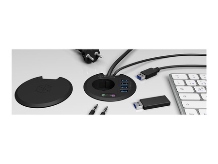 ICY BOX IB-HUB1430HUB do Biurka 4x USB 3.0 Typ-A z wejściem/wyjściem audio i gniazdem Schuko CEE 7/3 średnica 80 mm czarny