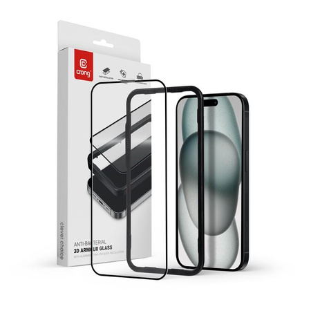 Szkło hartowane Anti-Bacterial 3D Armour Glass 9H na cały ekran iPhone 16 / iPhone 15 z ramką instalacyjną