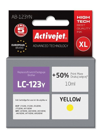 Activejet AB-123YN Tusz (zamiennik Brother LC123Y/121Y; Supreme; 10 ml; żółty)