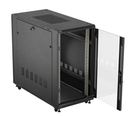 Szafa instalacyjna rack stojąca 19" 22U 600x1200 czarna drzwi przeszklone (flat pack)