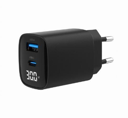 Ładowarka GaN 1xUSB-A 1xUSB-C LCD 30W PD QC3.0 czarna 