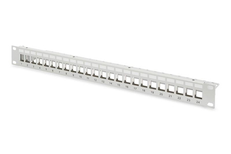Panel krosowy (patch panel) modularny 19" 24 porty pod moduły keystone, 1U, ekranowany, prowadnica kabli, pola opisowe, szary