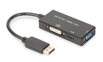 Kabel adapter DIGITUS 3w1 DisplayPort 4K 30Hz/1080p 60Hz DP / HDMI(UHD)+DVI-I+VGA (FHD) M/Ż 0,2m