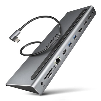 HMC-4KX3 Wieloportowy hub USB 11in1, 5Gbps, 3x USB-A, 2x HDMI 4K/60Hz+ DP 4K/60Hz+ GLAN + SD/microSD + audio, PD 100W, 40cm USB-C kabel