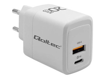 QOLTEC 51823 Ładowarka sieciowa 20W GaN 5/20V 1.5/3A 1 x USB C PD 1 x USB QC 3.0 Biała