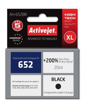 Activejet AH-652BR Tusz (zamiennik HP 652 F6V25AE; Premium; 20 ml; czarny)