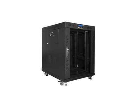 Szafa instalacyjna Rack stojąca 19" 15U 600x800 czarna drzwi szklane LCD Lanberg (flat pack)