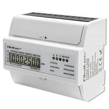 QOLTEC 50989 Trójfazowy dwukierunkowy elektroniczny licznik miernik zużycia energii na szynę DIN 400V 100A LCD 4P
