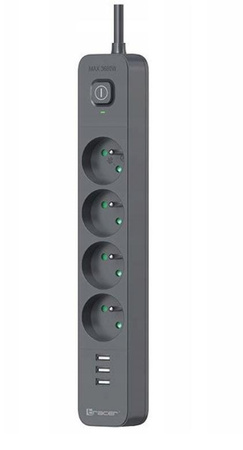 TRACER Listwa zasilająca antyprzepięciowa Power Line+ mobile ready 1.5m 4 gniazda + 3x USB A 5V 2 4A