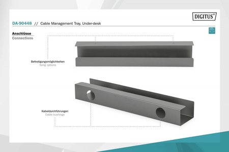 Kanał stalowy do organizacji kabli / listew zasilających pod biurkiem, montaż śruby, 60 cm, czarny